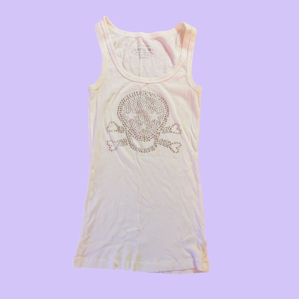Y2K Arizona Jean Co White Ribbed Rhinestone Skull Tank Top Scene #18